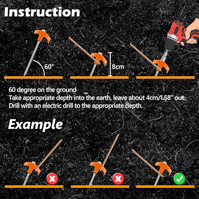 8" Heavy Duty Screw in Tent Stakes, Metal Camping Stakes, Drill-In Ground Anchor, Threaded Stakes for Canopies, Gardening, Yard Inflatables, with Hex Socket and Storage Bag (20, Orange)
