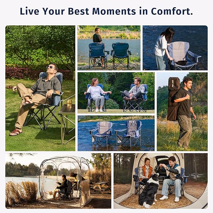 East Oak Oversized Camping Chair | Heavy Duty Camping Chairs | 500LBS Support, 600D Oxford, Cup Holder & Side Pocket | Ideal for Camping, Beach, Sports Events| Blue&Grey