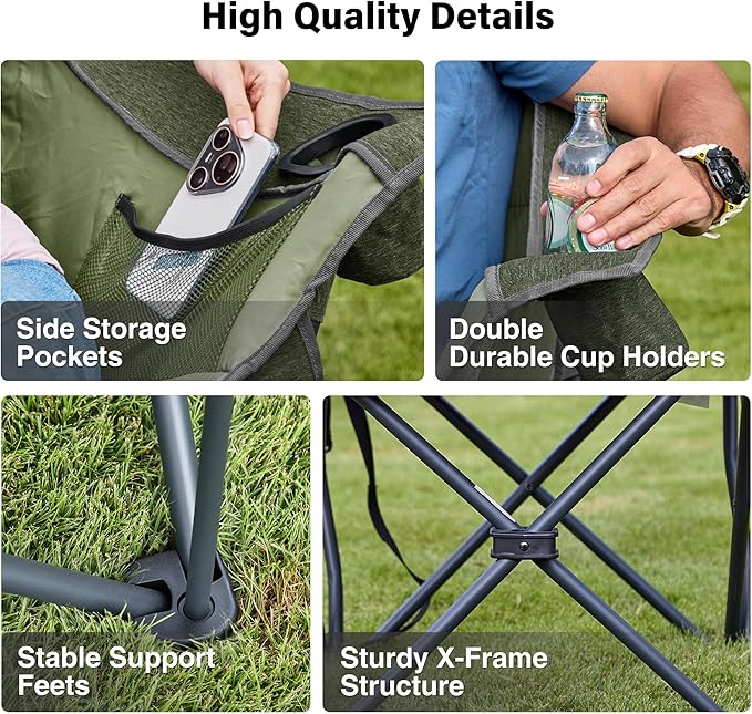 Oversized Camping Chair, Portable Folding Padded Camp Chairs with Side Pocket, Cup Holder, Heavy Duty Support 500LBS Outdoor Lounge Chair for Adults, Fishing, Sports, Trip, Green