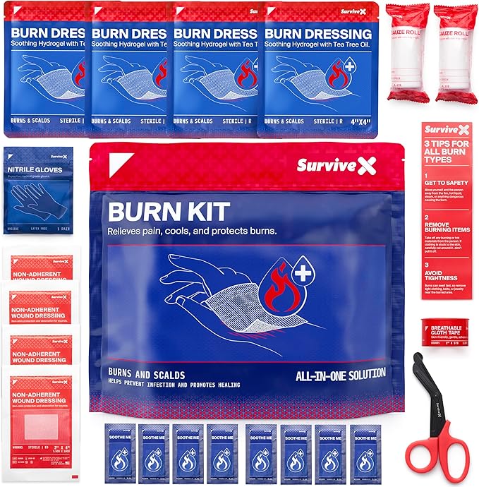 Burn Dressing Kit with Tea Tree Oil - Hydrogel Burn Pads, Cooling Gels, Non-Adhesive Dressings & Gauze - Complete First Aid Accessory for Instant Cooling, Soothing & Burn Relief