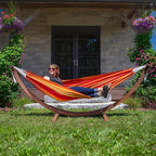 Vivere Fade and Weather-Resitant Brazilian Hammock with Solid Pine Arc Stand - 450 lb Weight Capacity