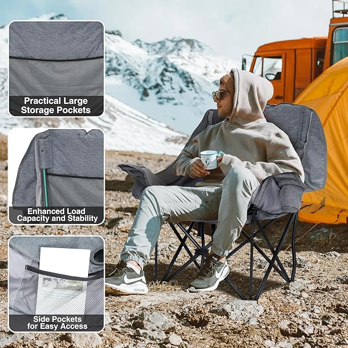 2 Pack Oversized Camping Chair, Portable Folding Padded Camp Chairs with Side Pocket, Cup Holder, Heavy Duty Support 500LBS Outdoor Lounge Chair for Adults, Fishing, Sports, Trip, Grey