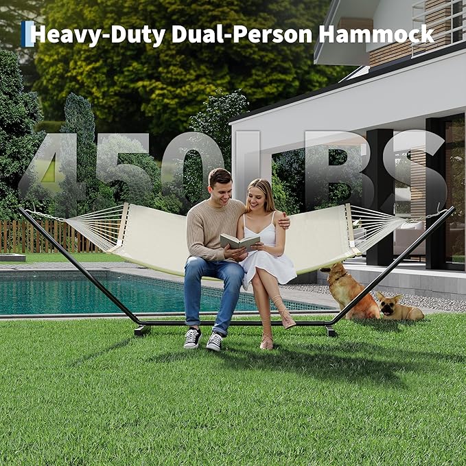 2 Person Double Hammock with Adjustable Steel Stand & Pillow, Heavy Duty Portable Outdoor Hammock Set, MAX 450 LBS Weight Capacity for Patio, Garden, Beach, Backyard