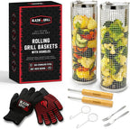 Blazin' Grill Rolling Grill Basket | Rolling Grilling Baskets for Outdoor Grilling 2 Pcs | Barbecue Grill Set with BBQ Gloves | Portable Camping Net Rack Perfect for Vegetables, Seafood & Meat