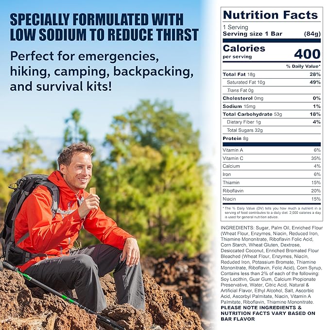 SOS Food Lab Emergency Food Bar (18 Energy Bars, 9 Assorted Flavors) - 400 Calorie, Low Sodium, Nutrient Dense Millenium Bar - Ready to Eat, 5 Year Shelf Life Survival Food for Disaster Preparedness