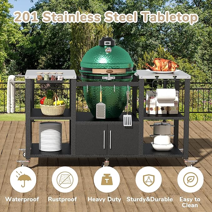 MUPATER 65" L × 24" D × 33" H Outdoor Grill Table, Movable Stainless Steel Grill Cart for Large Big Green Egg, Multi-Purpose Versatility Kitchen Cooking Prep Table BBQ Cart for Party, Camping
