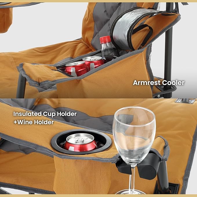 ARROWHEAD OUTDOOR 2-Pack Portable Deluxe Folding Camp Quad Chair w/Headrest, Glass & Cup Holders, Armest 6-can Cooler, Heavy Duty Carry Bag, 550 lbs Weight Capacity