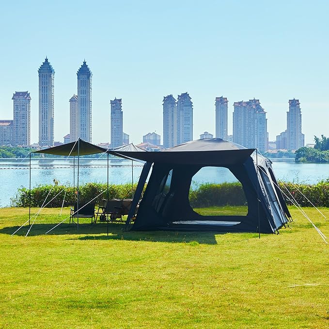 KTT Extra Large Tent 12 Person,Family Cabin Tents,Awning,2 Rooms,4 Doors and 4 Windows with Mesh,Straight Wall,Waterproof,Double Layer,Big Tent for Outdoor,Picnic,Camping,Family Gathering