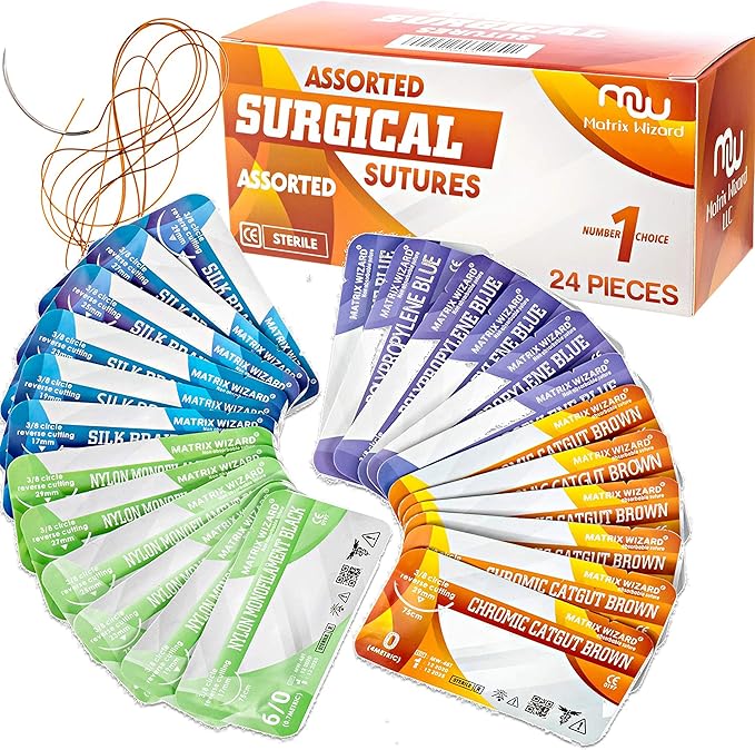 Mixed Sterile Suture Thread with Needle (Dissolvable and Non-dissolvable 0, 2-0, 3-0, 4-0, 5-0, 6-0) - Stitch Up Gear, Medical Surgical Suturing Kit, First Aid Field Emergency Demo, Camping Safety Kit