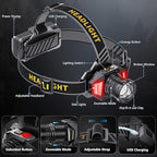 LED Headlamp Rechargeable，99000 Super Bright Head Lamp with 12 Modes & 90H Long Battery Life & IPX7 Waterproof,90° Adjustable Headlight for Outdoor Camping, Cycling, Hiking