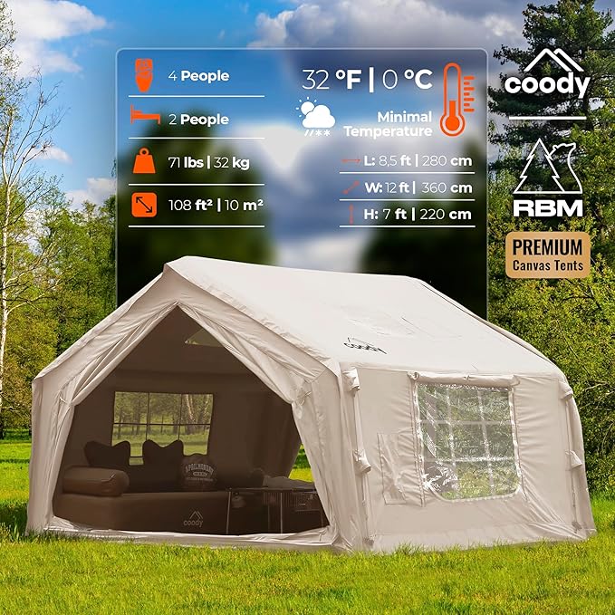 Coody Inflatable Canvas Camping Tents with Stove Jack – Premium Air Beam Family Glamping Tent, Breathable Cotton Canvas, Fast Setup Air Tent with Pump