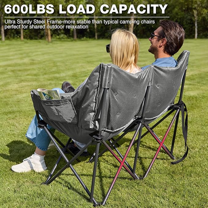 Double Camping Chair Heavy Duty Oversized Padded Loveseat for Adults 2 Person Outdoor Portable Camping Chairs for Lawn, Backyard, Fishing, Trip, Support 600lbs, Grey