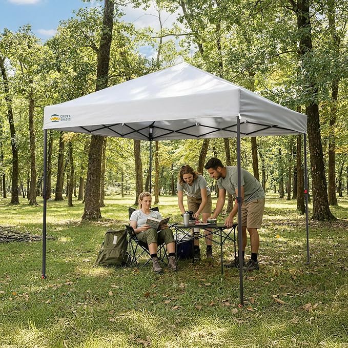 CROWN SHADES 8x8 Pop Up Canopy - Patented Center Lock One Push Instant Outdoor Canopy Beach Tent with STO-N-Go Bag 8 Stakes & 4 Sand Bags，White