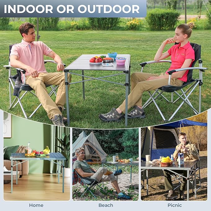 KingCamp Oversized Camping Folding Chair, Heavy Duty 450 LBS with Folding Camping Table, Aluminum Roll-Up Camp Table for 6-8 Person