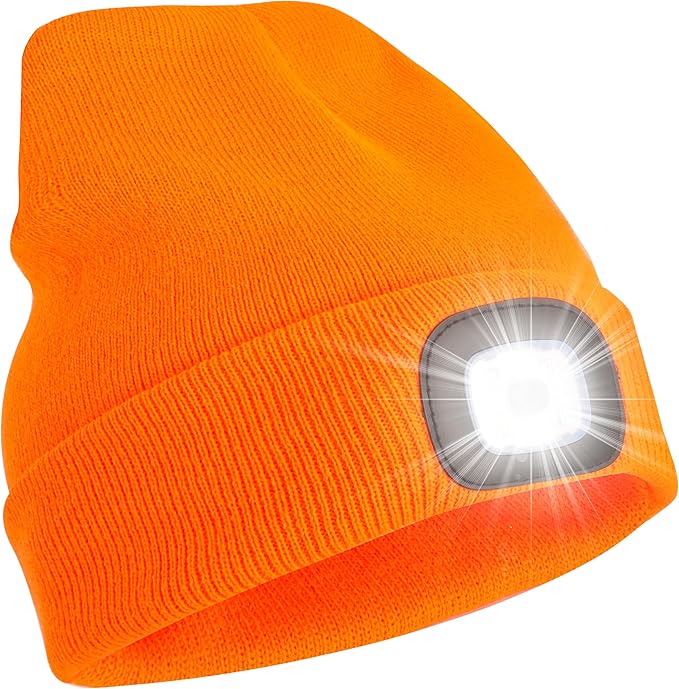 YMHB Unisex Beanie Hat with Light, USB Rechargeable LED Headlamp Hat Night Light Cap Christmas Stocking Stuffers Gifts for Men Dad Father Husband (Orange)