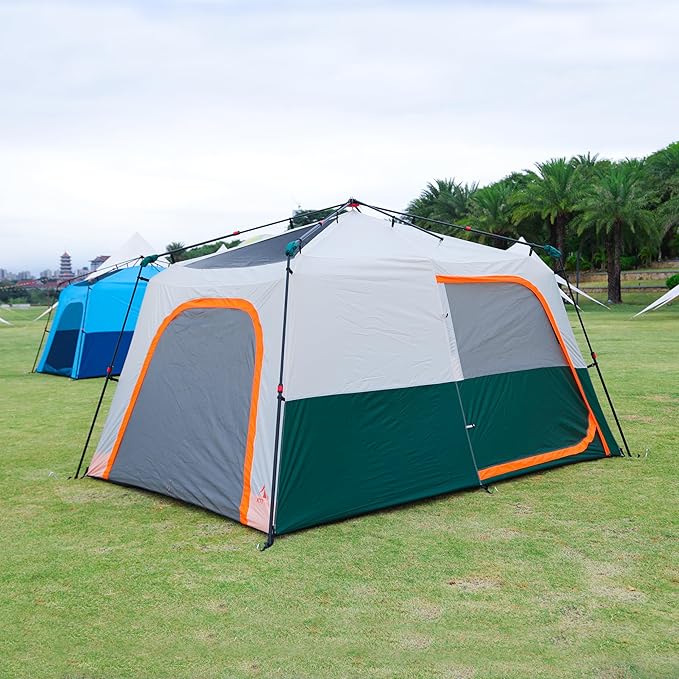 KTT Extra Large Tent 10-12-14 Person(A),Family Cabin Tents,2 Rooms,3 Doors and 3 Windows with Mesh,Straight Wall,Waterproof,Double Layer,Big Tent for Outdoor,Picnic,Camping,Family Gathering