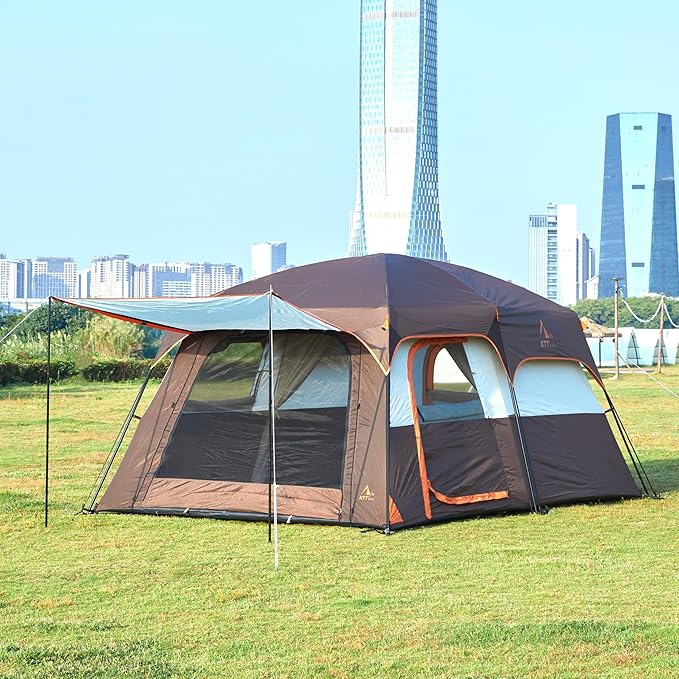 KTT Extra Large Tent 10-12-14 Person(Style-B),Family Cabin Tents,2 Rooms,3 Doors and 3 Windows with Mesh,Straight Wall,Waterproof,Double Layer,Big Tent for Outdoor,Picnic,Camping,Family Gathering