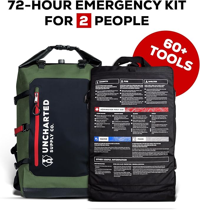 Uncharted Supply Co. The SEVENTY2® Pro 2-Person Survival System – 72 Hour Emergency Preparedness Kit with 60+ Tools for Home, Car, Camping, and Disaster Readiness – Durable Waterproof Go Bag