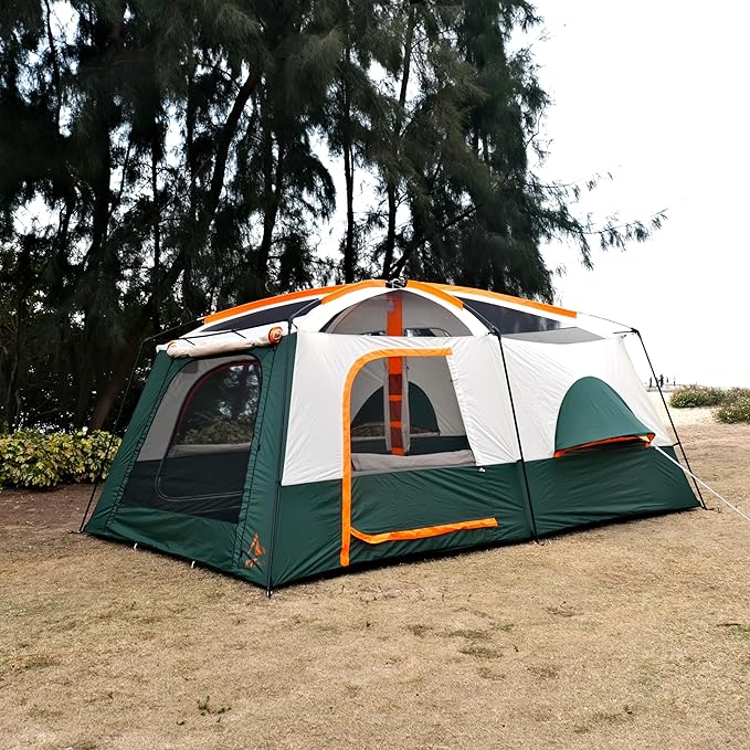 KTT Extra Large Tent 10-12-14 Person(A),Family Cabin Tents,2 Rooms,3 Doors and 3 Windows with Mesh,Straight Wall,Waterproof,Double Layer,Big Tent for Outdoor,Picnic,Camping,Family Gathering