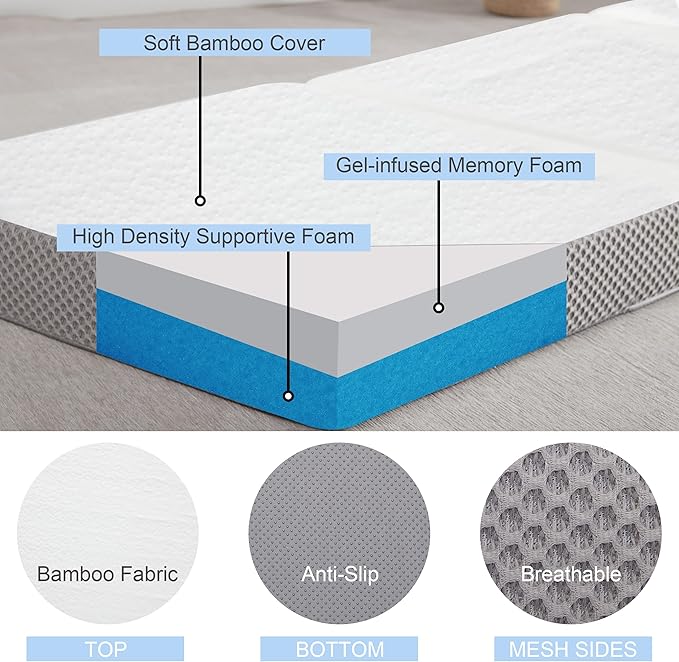 Kingfun Foldable Mattress 4 Inch Folding Mattress Tri-fold Gel Memory Foam Breathable with Storage Bag, Portable Floor Guest Bed Soft for Sleeping Camping, Gray, Cot Size