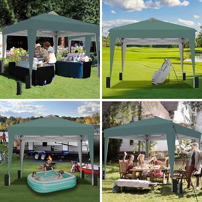 SANWAY 10x10 Pop up Canopy Tent, One-Button, Outdoor Instant Canopy Protable for Events, Camping, Parties, Vendor, Beach Tent - Dark Green