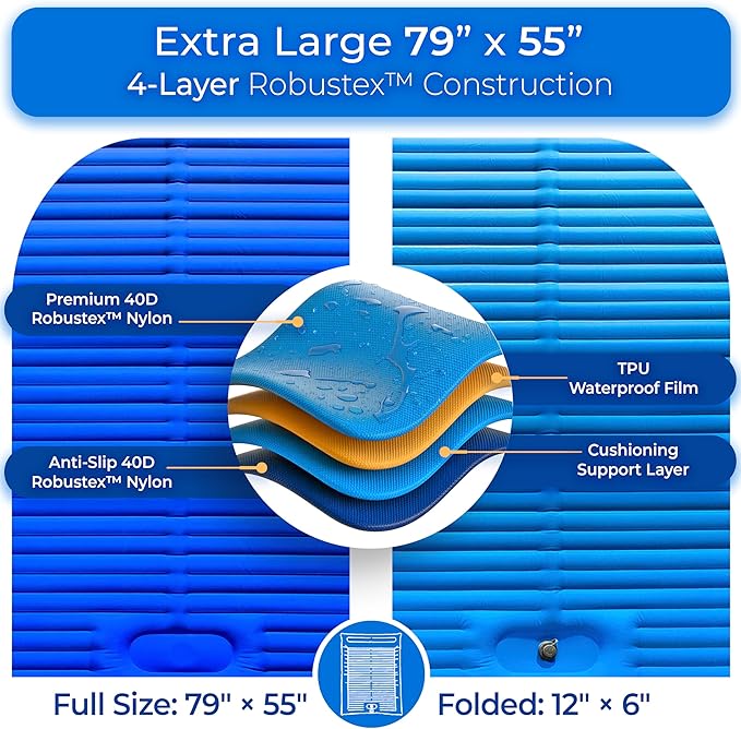 Premium Double Sleeping Pad for Camping - Camping Mattress 2 Person XL with Built-in Pump - 6.9" Thick Camping Bed for Adults - Indoor, Beach & Pool Use