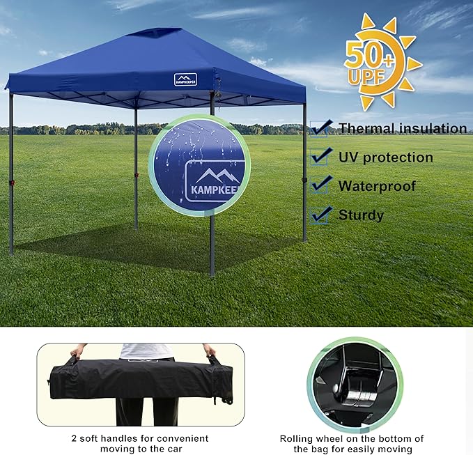 KAMPKEEPER One Person Setup 10x10 Pop up Canopy Tent, Instant Portable Canopy, One Push Outdoor Canopy with 3 Adjustable Heights, Wheeled Carry Bag, Bonus 8 Stakes and 4 Ropes(Navy)