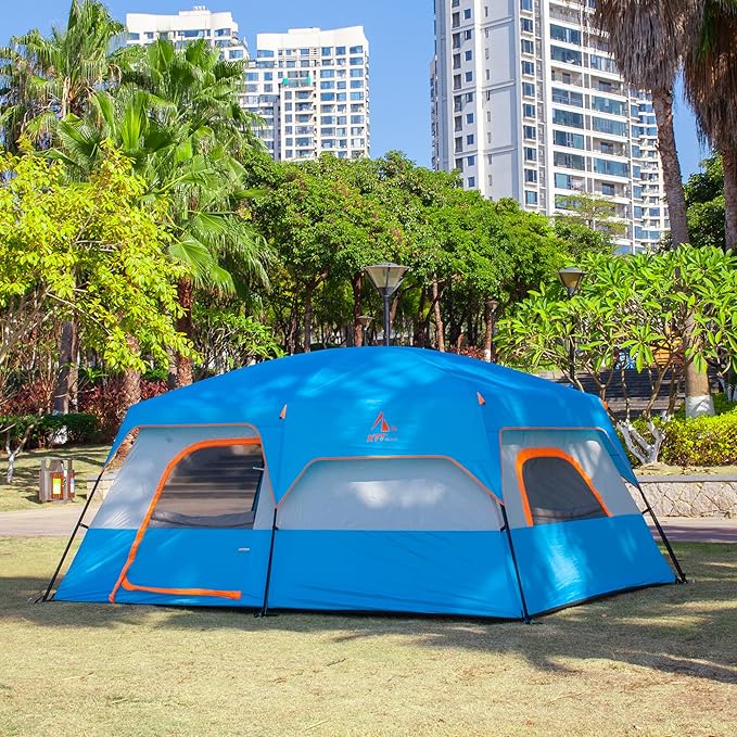 KTT Extra Large Tent 10-12-14 Person(B),Family Cabin Tents,2 Rooms,3 Doors and 3 Windows with Mesh,Straight Wall,Waterproof,Double Layer,Big Tent for Outdoor,Picnic,Camping,Family Gathering