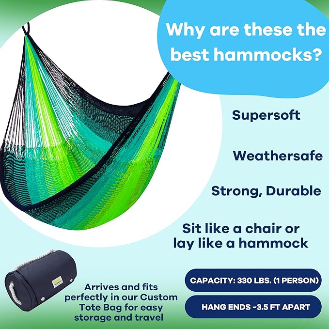 Handwoven Hanging Chair by Yellow Leaf Hammocks - Fits 1 Person, 330lb Max - Kick Back for Full-Body Recline - Weathersafe, Ultra Soft, Hang Anywhere - Color: Neon - Blue - Turquoise