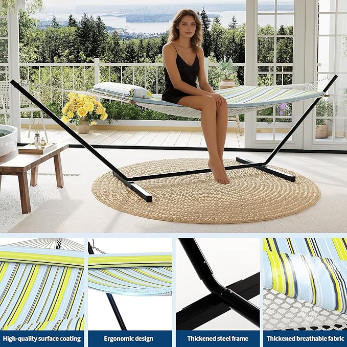 Heavy Duty 2 Person Double Hammock with Portable Adjustable Steel Stand, Outdoor Hammock with Pillow for Patio, Garden, Beach, Backyard Camping