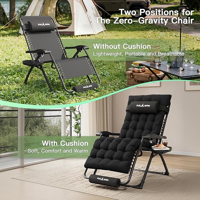 Amopatio Oversized Padded Zero Gravity Chair, XL 29In Reclining Camping Lounge Chair w/Removable Cushion&Headrest, Upgraded Lock and Footrest, Folding Patio Recliner for Indoor Outdoor, Black