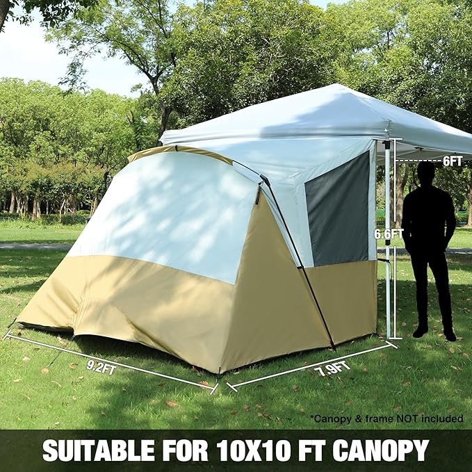 REDCAMP Camping Side Tent for Pop Up Canopy, Easy Setup Water-Resistant Camping Tent Attachment for 10' Wide Canopy, Fit 2 Person, Khaki (Frame/Shelter NOT Included)