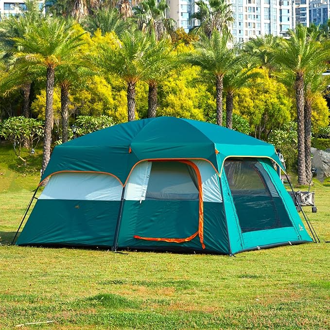 KTT Extra Large Tent 10-12-14 Person(Style-B),Family Cabin Tents,2 Rooms,3 Doors and 3 Windows with Mesh,Straight Wall,Waterproof,Double Layer,Big Tent for Outdoor,Picnic,Camping,Family Gathering
