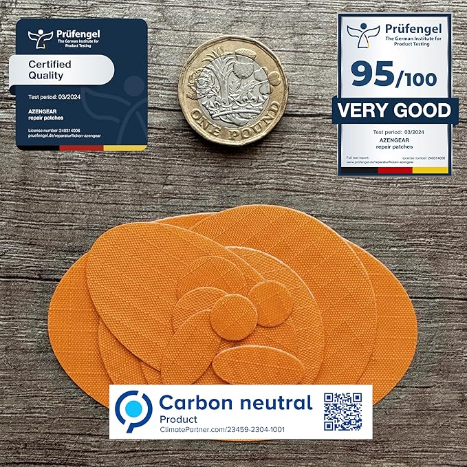 aZengear Repair Patches for Jackets, Tent, Shoe Toe, Air Mattress, Inflatables, PVC Gear - Waterproof, Self-Adhesive, Tear-Cold-Heat-Resistant, Down Puffer Coat (11 Pcs, Gold Orange)