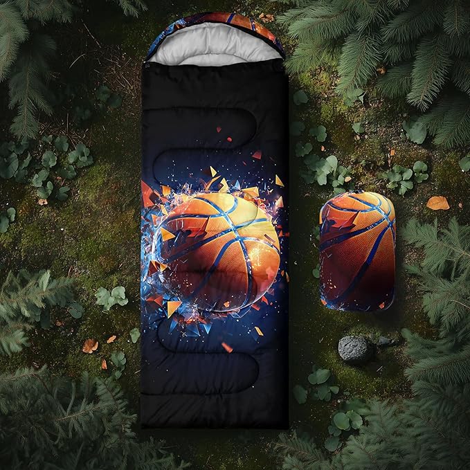 AILONEN Sports Basketball Sleeping Bag for Kids Boys,Warm and Cool Weather,Lightweight,Waterproof Backpacking,3D Galaxy Ball Print Sleeping Bag for Camping