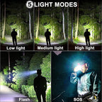 Bud K LED Headlamp USB Rechargeable, Head Lamp XHP70 Super Bright 90000 High Lumen with 5 Modes, Batteries Included, Zoomable, Waterproof Headlight for Camping Hunting Running Fishing Biking (Black)