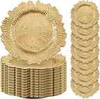 Rtteri 50 Pcs 13 Inch Charger Plates Bulk, Plastic Charger Plates with Floral Reef Design, Round Ruffled Rim Decorative Dinner Tableware for Wedding, Party, Event Table Decor(Light Gold)