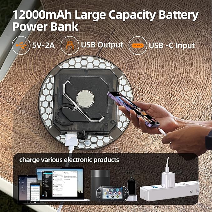 12000mAh 5000LM Camping Lights 3 Color Lighting Modes Bright Rechargeable LED Lamp 40W Hanging Tent Lights IPX5 Waterproof,Magnet,Power Failure Emergency Survival Kits & Christmas Day Gift