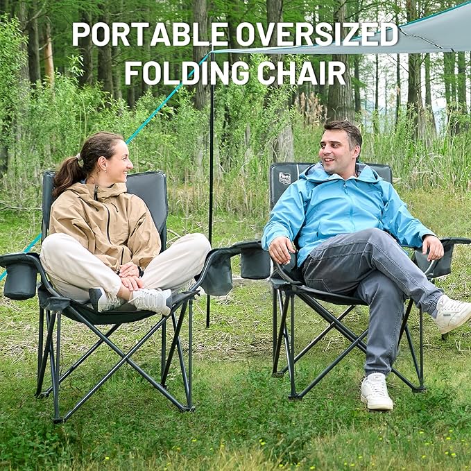 Timber Ridge Oversized Folding Camping Chair for Adults, Support 550 LBS Heavy Duty Chairs with Cup Holder Side Pocket for Camping, Lawn, Picnic, 2 Pack(Grey)