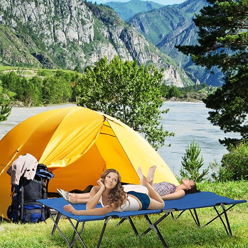 2 Person Folding Camping Cot for Adults, 50" Extra Wide Outdoor Portable Sleeping Cot with Carry Bag, Elevated Camping Bed, Beach Hiking, Blue