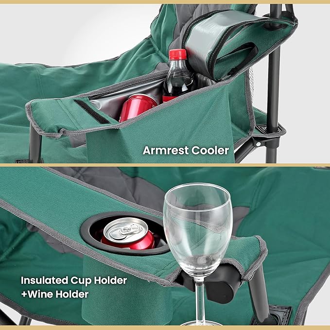 ARROWHEAD OUTDOOR Portable Deluxe Folding Camp Quad Chair w/Headrest, Glass & Cup Holders, Armest 6-can Cooler, Heavy Duty Carry Bag, 550 lbs Weight Capacity