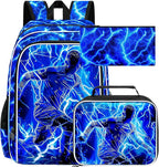 3Pcs Soccer Backpack for Boy, 17" Lightning Bookbag for Elementary Preschool Kindergarten, Kids School Thunder Backpacks with Lunch Box (Blue)