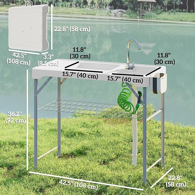 Outsunny Folding Fish Cleaning Table with Sinks, Portable Camping Sink Table with Faucet, Drainage Hose, Sprayer, Shelf, Drawer and Storage Basket, Outdoor Fillet Table for Picnic Beach Patio, White