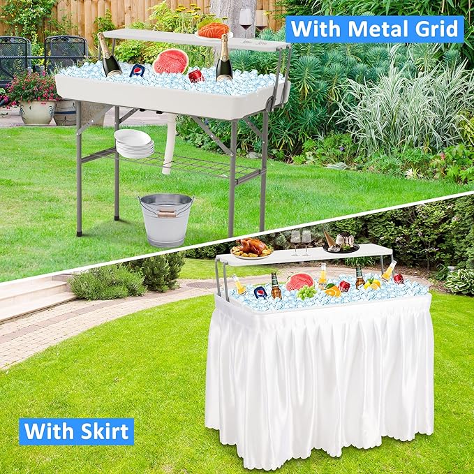 Dragosum Outdoor Cooler Table with Drain and Shelf, Folding Ice Cooler Table with Matching Skirt, Portable Table Coolers 4 Foot for Party BBQ Camping Wedding