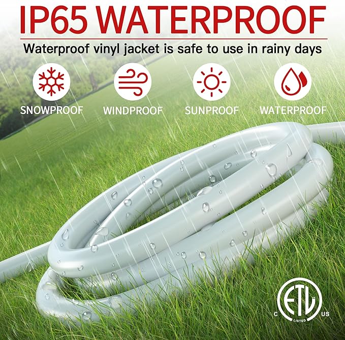 16/3 50 FT Outdoor Extension Cord Waterproof, Weatherproof & Flame Retardant White 3 Prong Power Cord Outside for Lawn & Garden, 13 Amps 1625 Watts 125 VAC 16AWG SJTW, ETL Listed