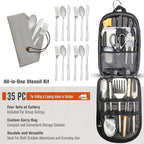 BOMKI Grilling and Camping Cooking Utensils Set for The Outdoors BBQ - Camping Utensil Set Kitchen Set Cookware Accessories Glamping Essentials Camp Stuff Camp Cooking Set (Black Pro)