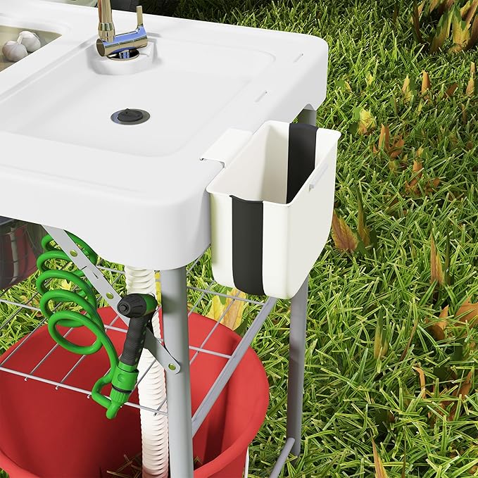 Outsunny Folding Fish Cleaning Table with Sinks, Portable Camping Sink Table with Faucet, Drainage Hose, Sprayer, Shelf, Drawer and Storage Basket, Outdoor Fillet Table for Picnic Beach Patio, White