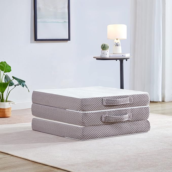 Kingfun Foldable Mattress 4 Inch Folding Mattress Tri-fold Gel Memory Foam Breathable with Storage Bag, Portable Floor Guest Bed Soft for Sleeping Camping, Gray, Full Size