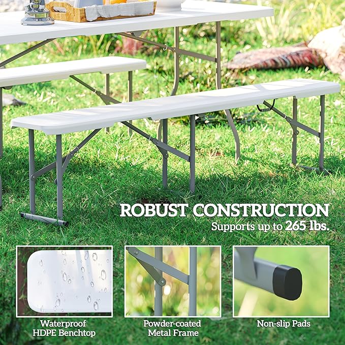 Outsunny 2-Pack 6 Ft. Plastic Folding Benches, Portable Foldable Bench Seats with Carrying Handle, Non-Slip Mat, HDPE Tabletop, Picnic Benches for Camping Dining Picnic BBQ Sports, White