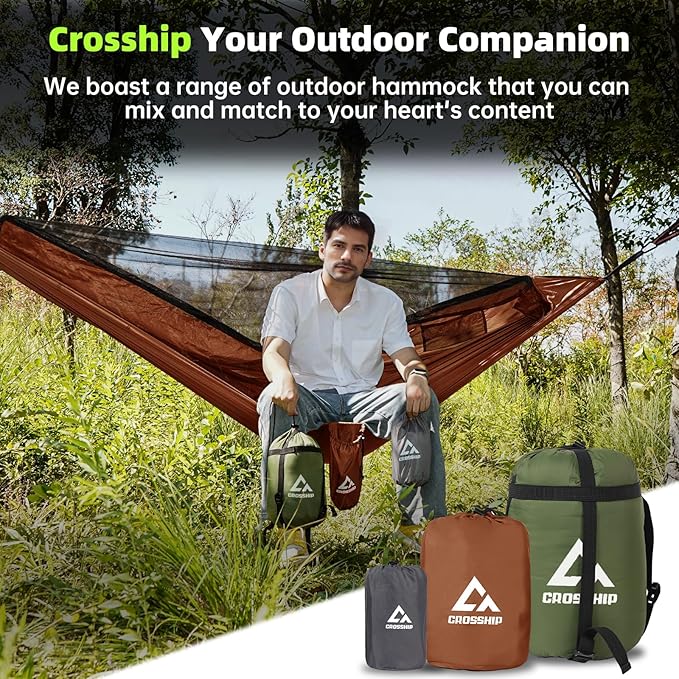 Camping Hammock with Mosquito Net – Portable Parachute Nylon Hammock Tent with Tree Straps, Camp Rope & Stake - for Hiking, Backpacking, Travel, Backyard, Beach – Holds Up to 500lbs (Orange)